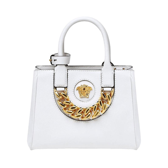 Versace La Medusa Gold Plaque White Leather Small Crossbody Tote Bag available at Queen Bee of Beverly Hills