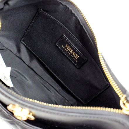 Versace La Medusa Half Moon Hobo Shoulder Crossbody Bag Black Leather available at Queen Bee of Beverly Hills