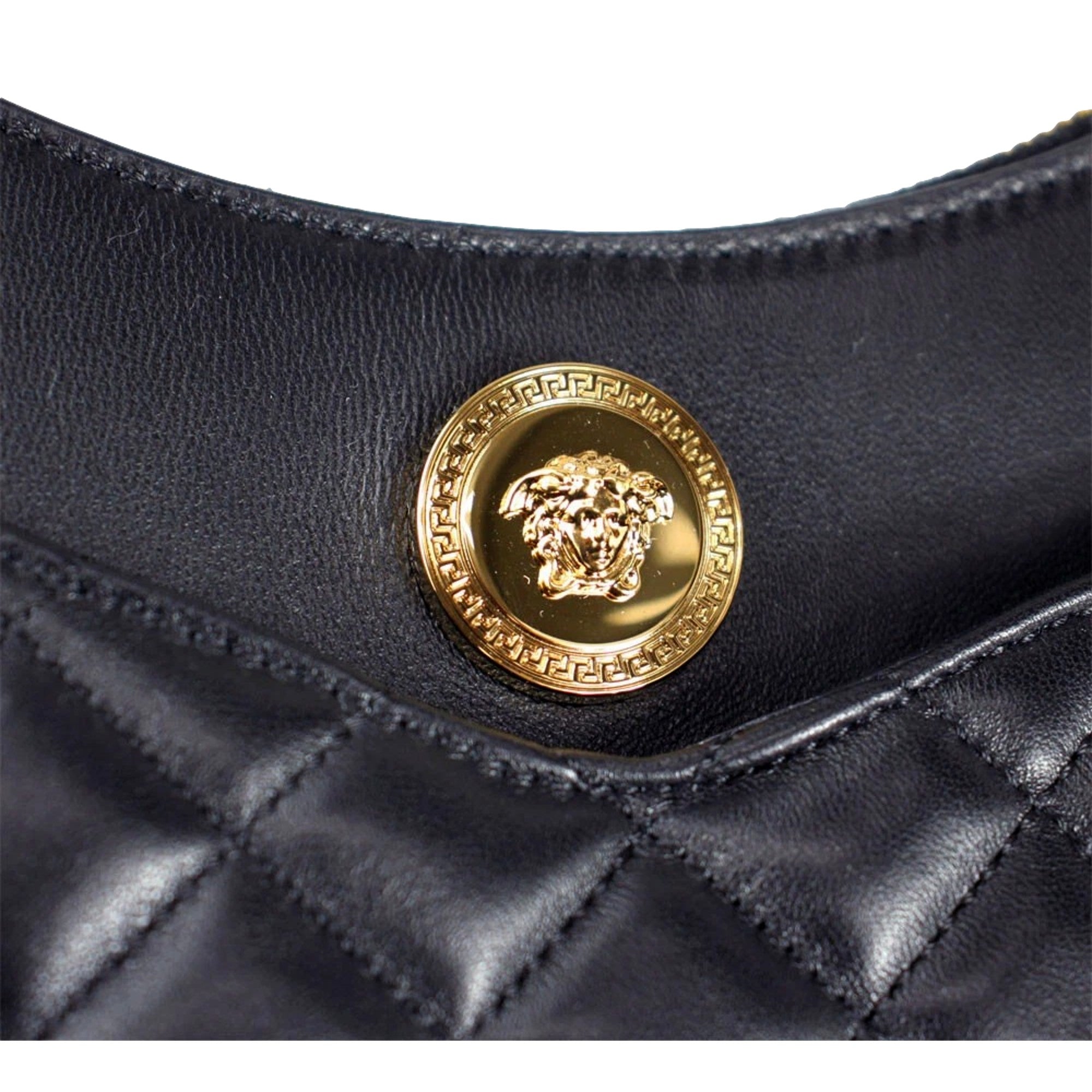 Versace La Medusa Half Moon Hobo Shoulder Crossbody Bag Black Leather available at Queen Bee of Beverly Hills