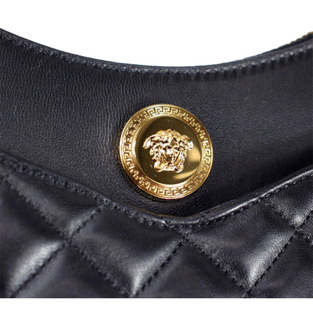 Versace La Medusa Half Moon Hobo Shoulder Crossbody Bag Black Leather available at Queen Bee of Beverly Hills