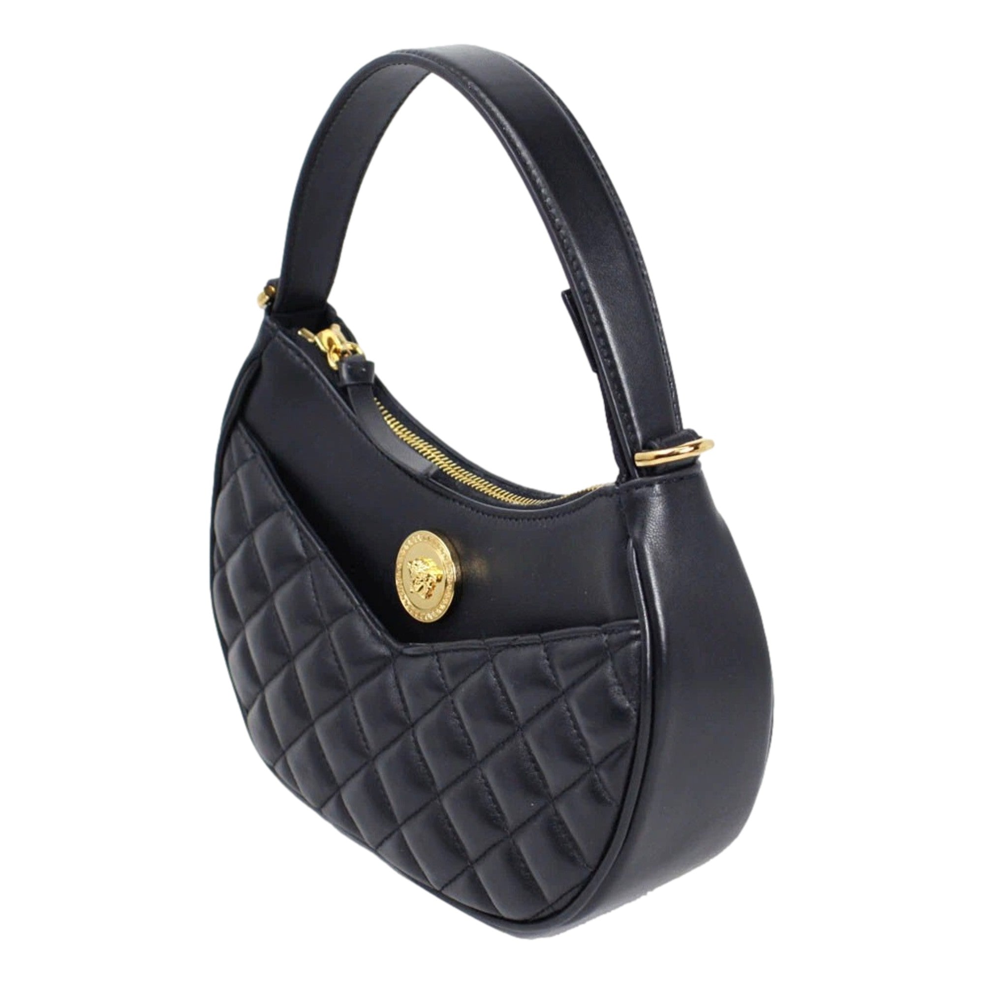 Versace La Medusa Half Moon Hobo Shoulder Crossbody Bag Black Leather available at Queen Bee of Beverly Hills