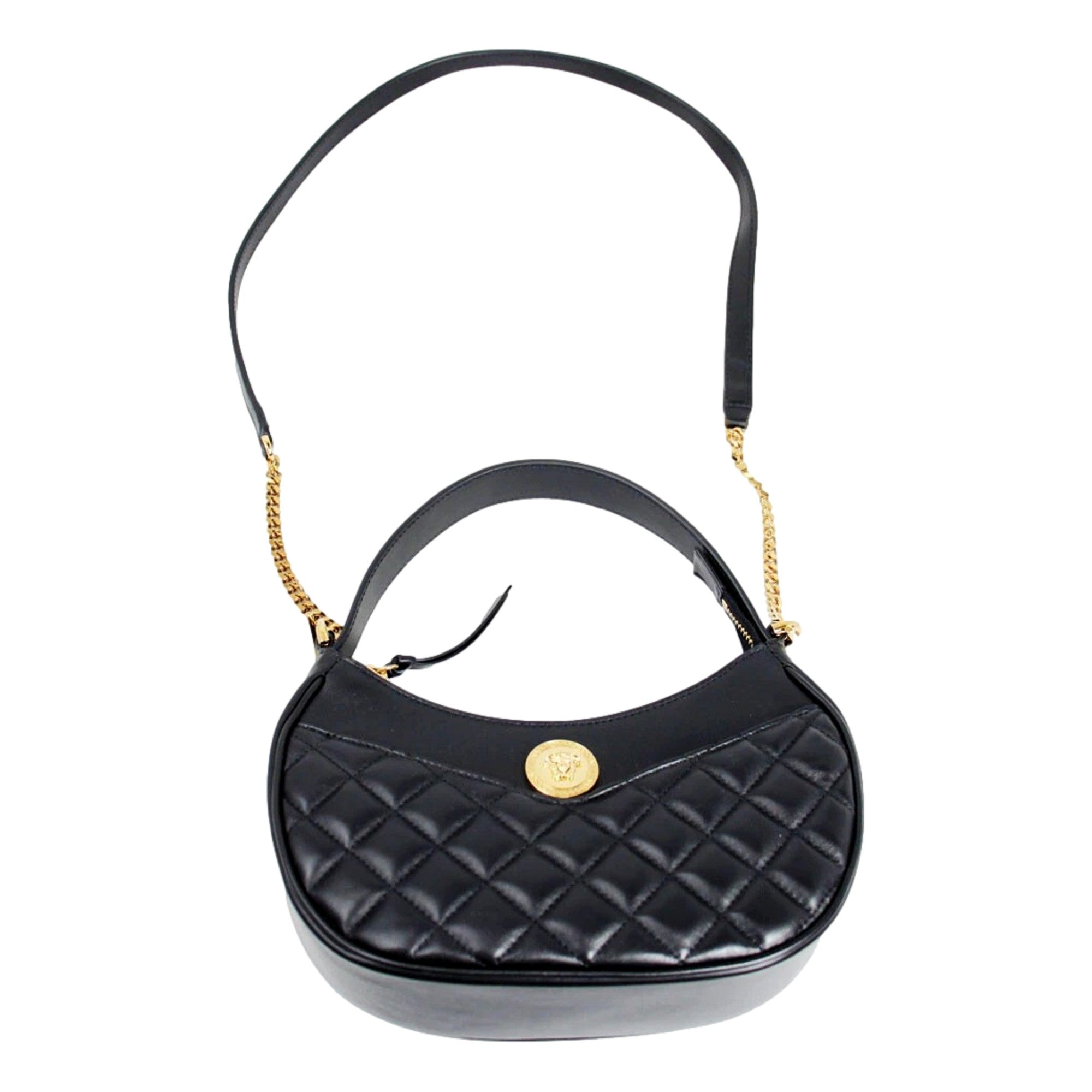 Versace La Medusa Half Moon Hobo Shoulder Crossbody Bag Black Leather available at Queen Bee of Beverly Hills