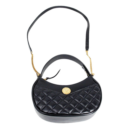 Versace La Medusa Half Moon Hobo Shoulder Crossbody Bag Black Leather available at Queen Bee of Beverly Hills