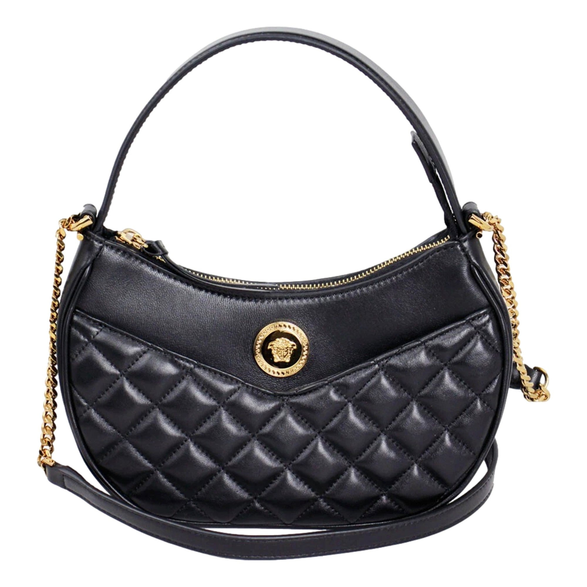 Versace La Medusa Half Moon Hobo Shoulder Crossbody Bag Black Leather available at Queen Bee of Beverly Hills