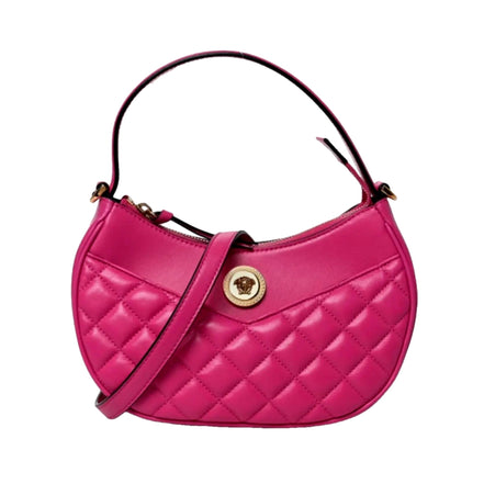 Versace La Medusa Half Moon Hobo Shoulder Crossbody Bag Pink Leather available at Queen Bee of Beverly Hills