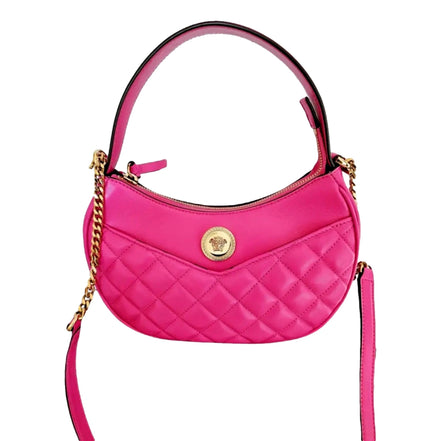 Versace La Medusa Half Moon Hobo Shoulder Crossbody Bag Pink Leather available at Queen Bee of Beverly Hills