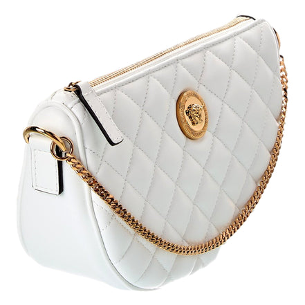 Versace La Medusa Half Moon Quilted Nappa Leather White Crossbody Bag available at Queen Bee of Beverly Hills
