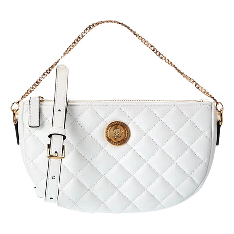 Versace La Medusa Half Moon Quilted Nappa Leather White Crossbody Bag available at Queen Bee of Beverly Hills