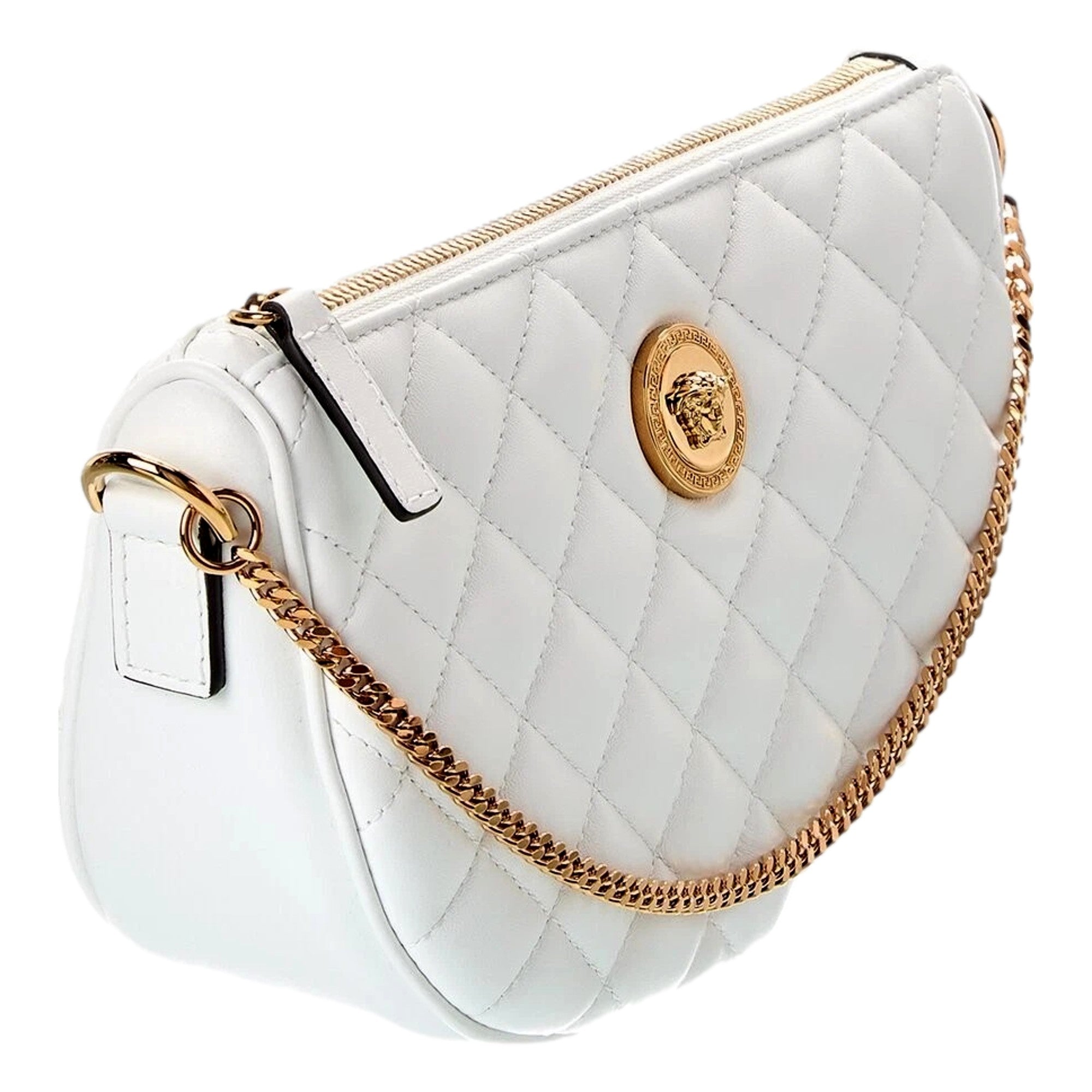 Versace La Medusa Half Moon Quilted Nappa Leather White Crossbody Bag available at Queen Bee of Beverly Hills