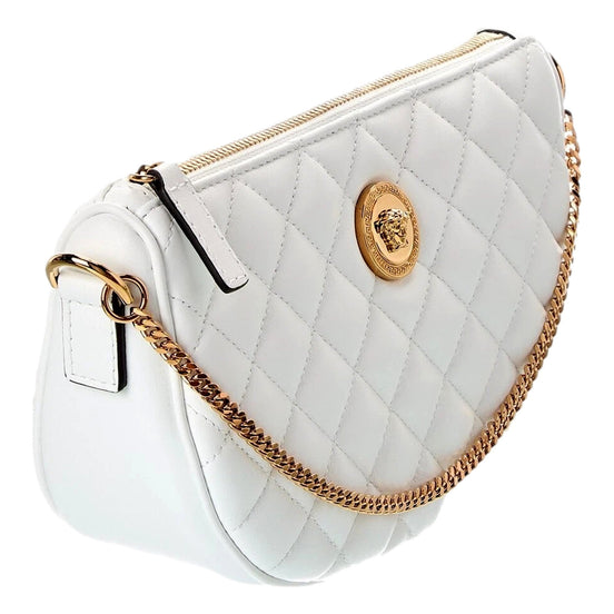 Versace La Medusa Half Moon Quilted Nappa Leather White Crossbody Bag available at Queen Bee of Beverly Hills