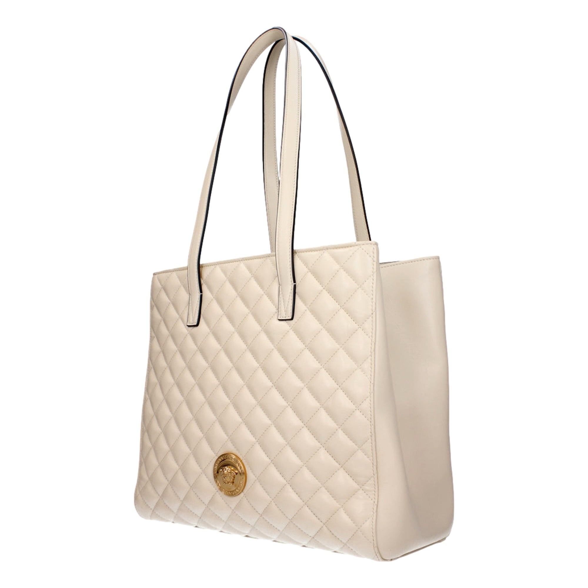 Versace La Medusa Ivory Quilted Leather Totebag available at Queen Bee of Beverly Hills