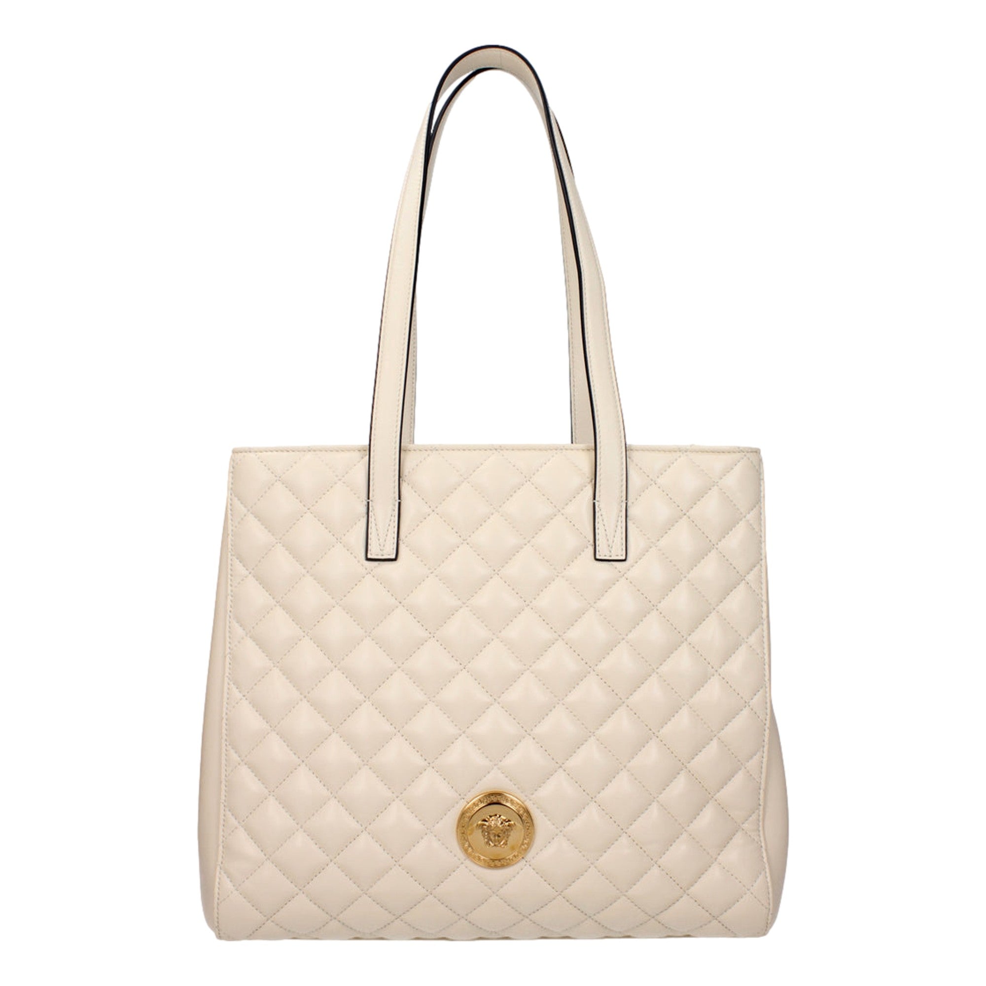 Versace La Medusa Ivory Quilted Leather Totebag available at Queen Bee of Beverly Hills