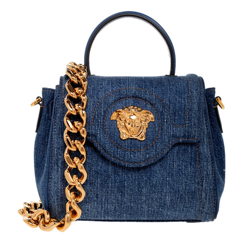 Versace La Medusa La Medusa Denim Top Handle Bag at_Queen_Bee_of_Beverly_Hills