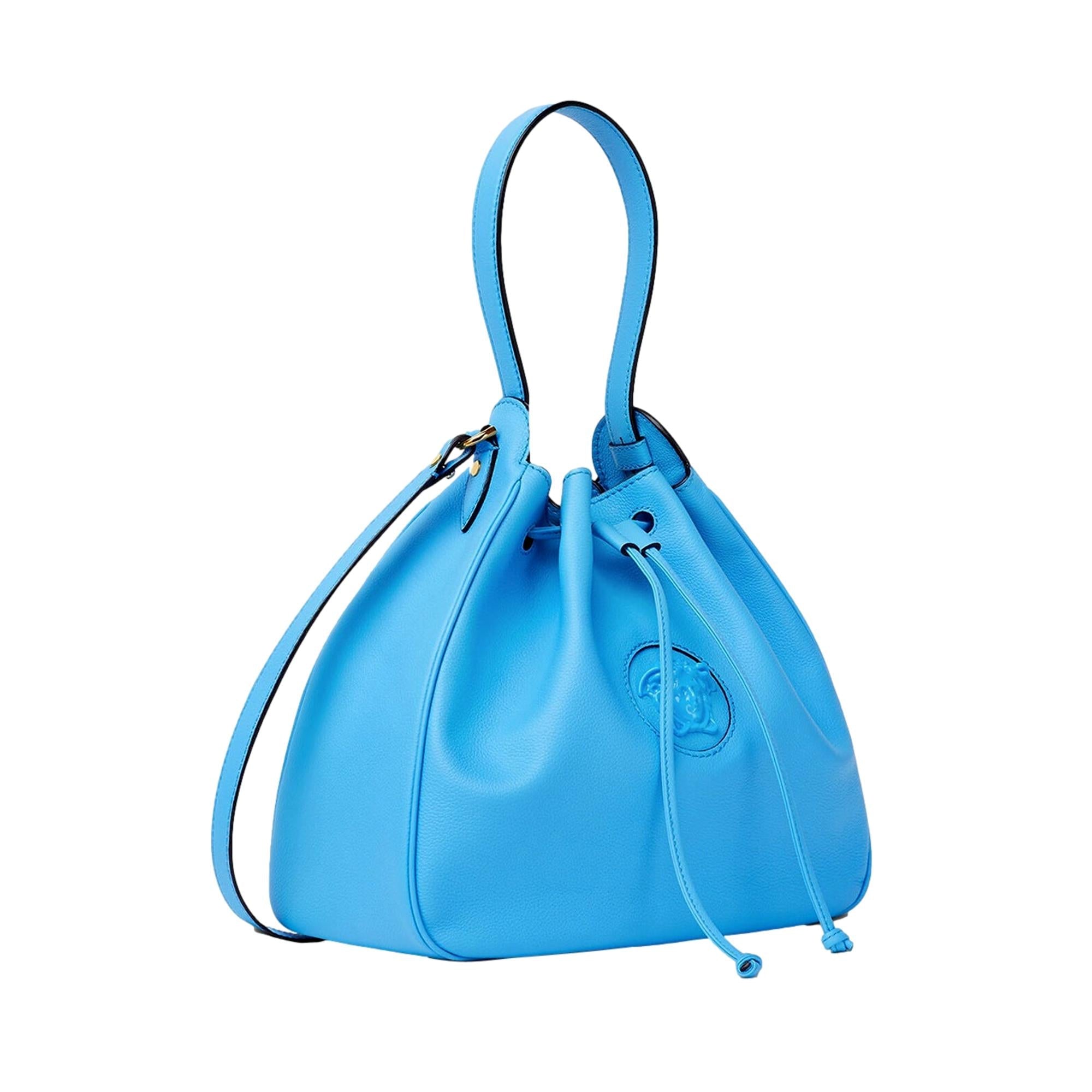 Versace La Medusa Leather Bucket Bag Blue available at Queen Bee of Beverly Hills