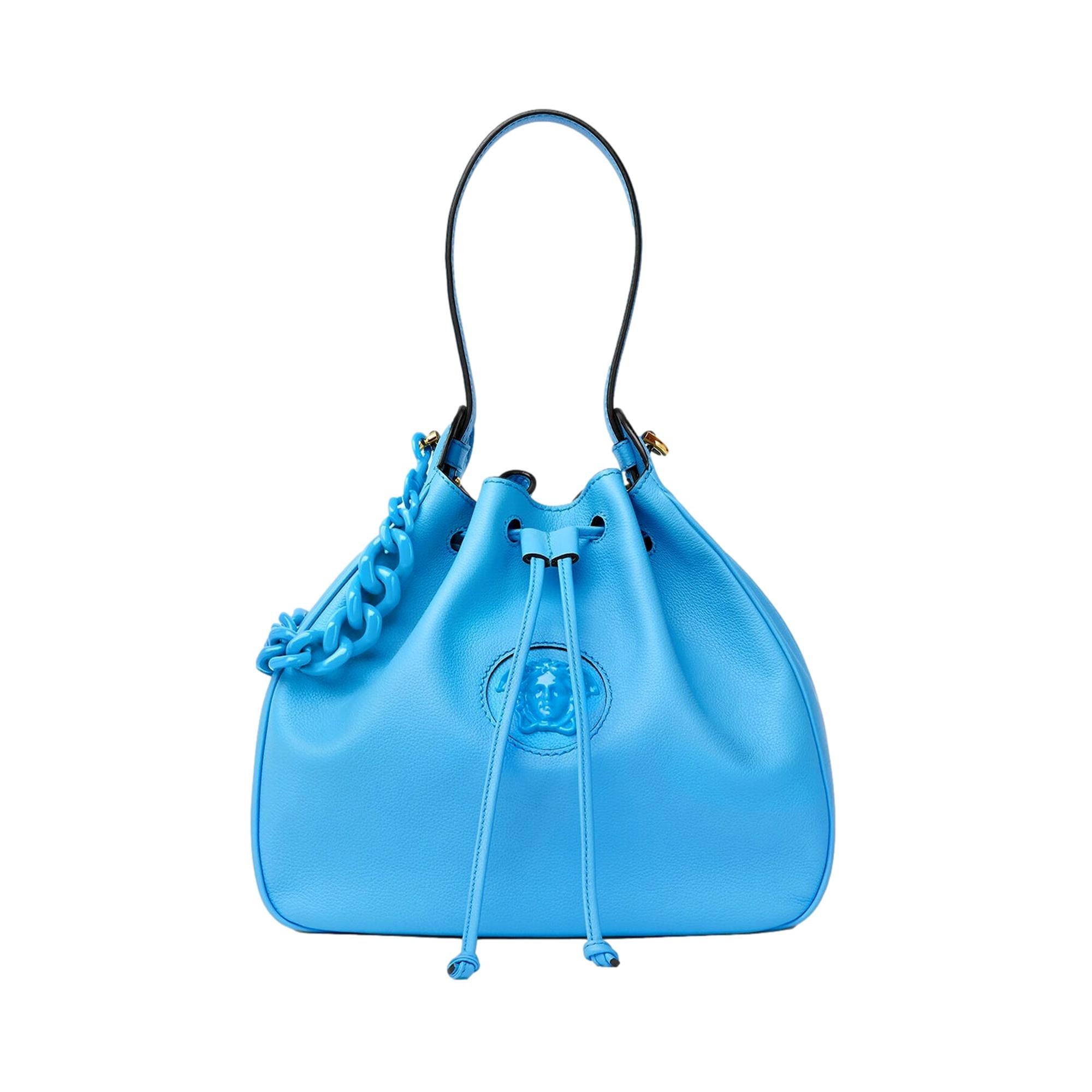 Versace La Medusa Leather Bucket Bag Blue available at Queen Bee of Beverly Hills