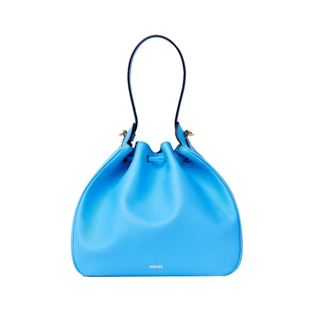 Versace La Medusa Leather Bucket Bag Blue available at Queen Bee of Beverly Hills