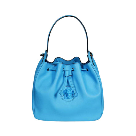 Versace La Medusa Leather Bucket Bag Blue available at Queen Bee of Beverly Hills