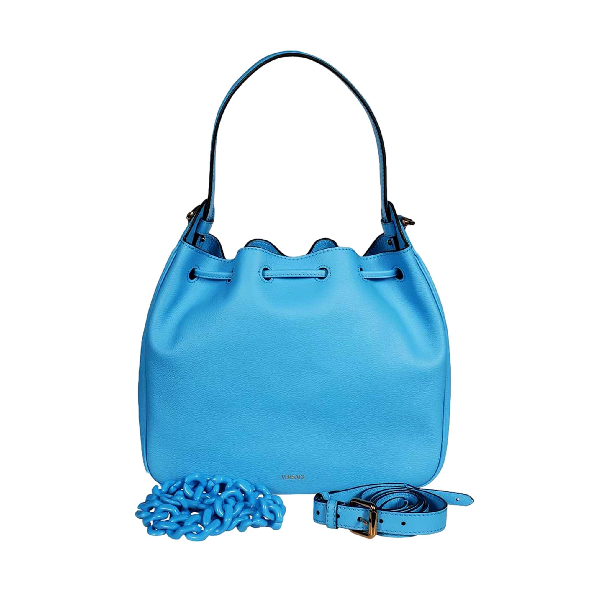 Versace La Medusa Leather Bucket Bag Blue available at Queen Bee of Beverly Hills