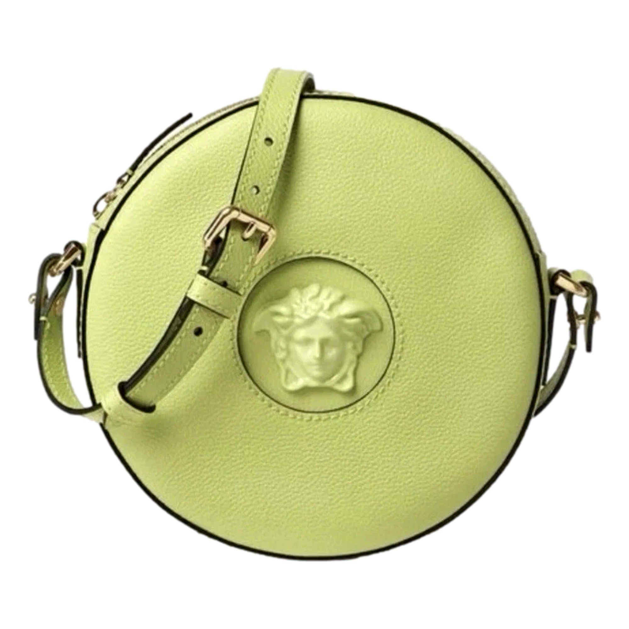 Versace La Medusa Lime Green Disco Round Crossbody Bag available at Queen Bee of Beverly Hills