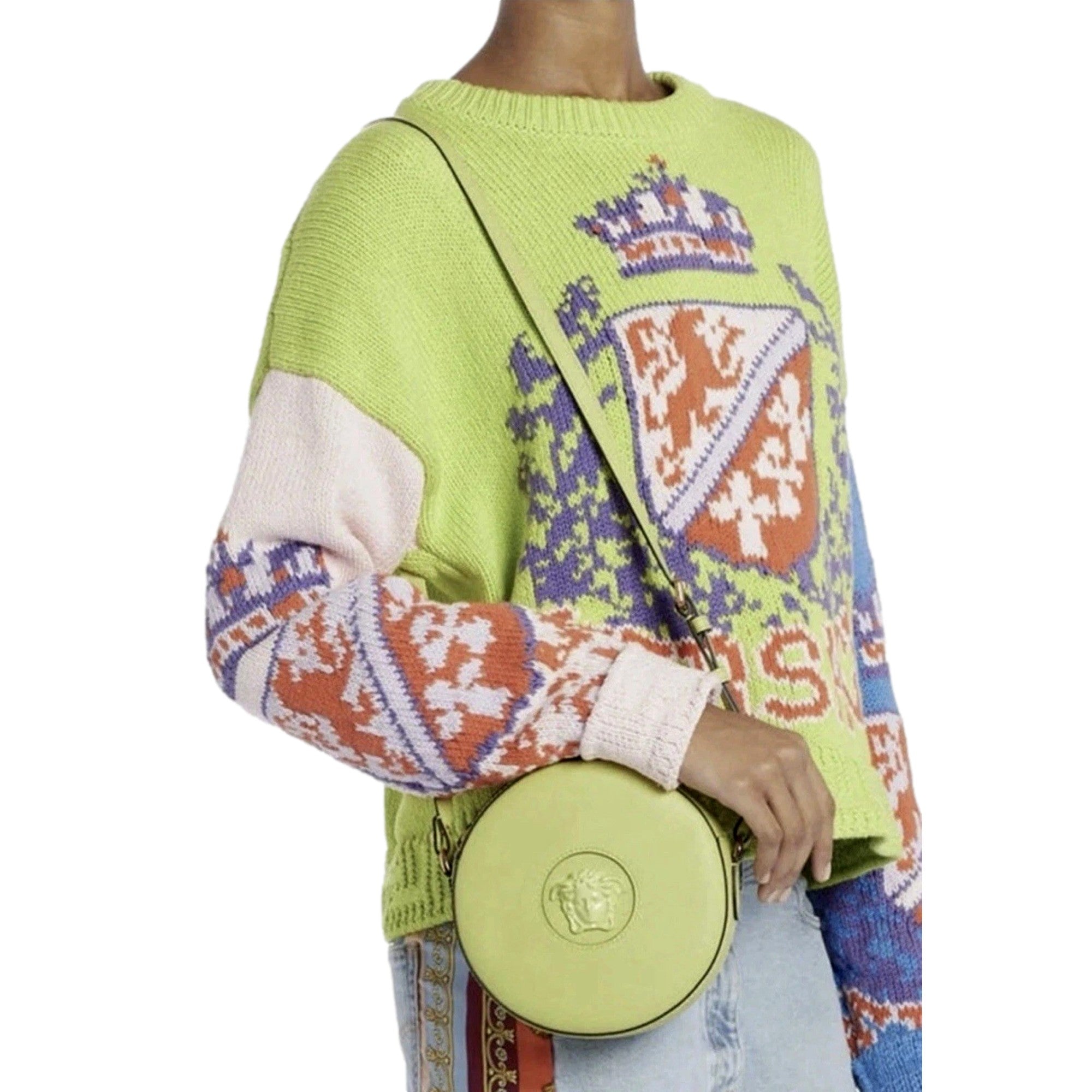 Versace La Medusa Lime Green Disco Round Crossbody Bag available at Queen Bee of Beverly Hills