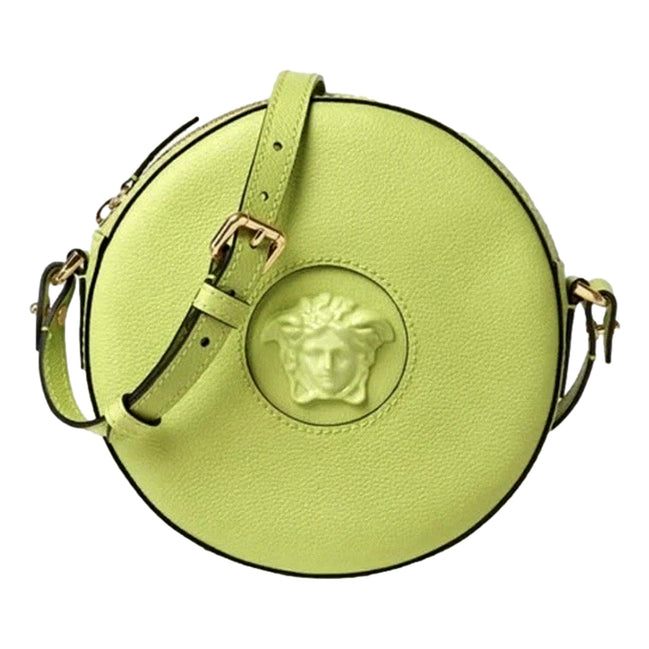 Versace La Medusa Lime Green Disco Round Crossbody Bag available at Queen Bee of Beverly Hills