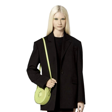 Versace La Medusa Lime Green Disco Round Crossbody Bag available at Queen Bee of Beverly Hills