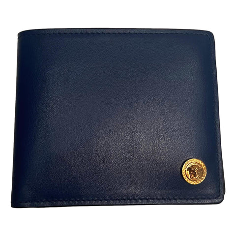 Versace La Medusa Logo Plaque Navy Blue Calf Leather Bifold Wallet at_Queen_Bee_of_Beverly_Hills