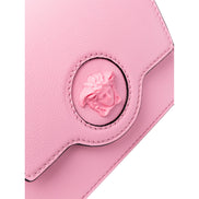 Versace La Medusa Logo Plaque Pink Pebbled Leather Crossbody Bag available at Queen Bee of Beverly Hills