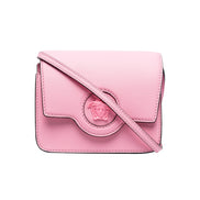 Versace La Medusa Logo Plaque Pink Pebbled Leather Crossbody Bag available at Queen Bee of Beverly Hills