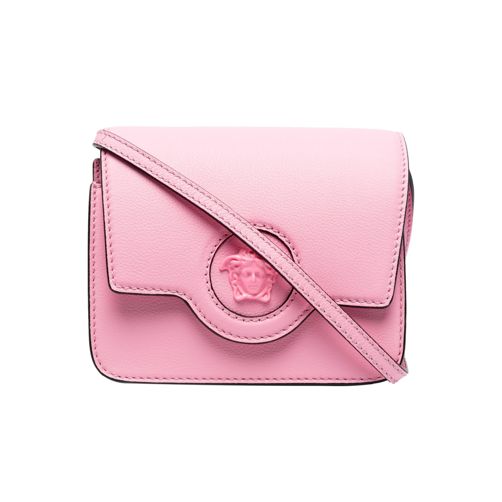 Versace La Medusa Logo Plaque Pink Pebbled Leather Crossbody Bag available at Queen Bee of Beverly Hills