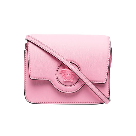 Versace La Medusa Logo Plaque Pink Pebbled Leather Crossbody Bag available at Queen Bee of Beverly Hills