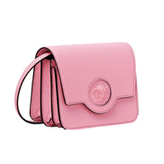 Versace La Medusa Logo Plaque Pink Pebbled Leather Crossbody Bag available at Queen Bee of Beverly Hills