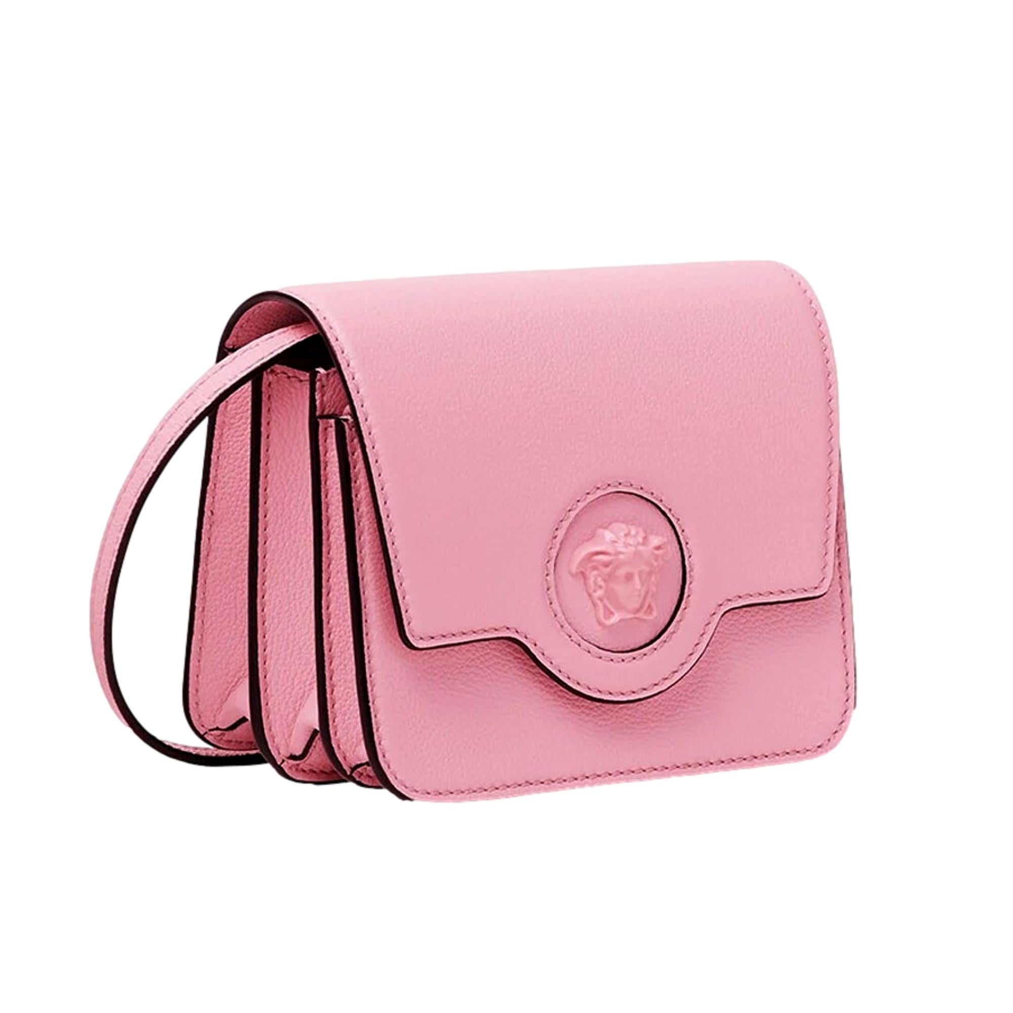 Versace La Medusa Logo Plaque Pink Pebbled Leather Crossbody Bag available at Queen Bee of Beverly Hills