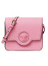 Versace La Medusa Logo Plaque Pink Pebbled Leather Crossbody Bag available at Queen Bee of Beverly Hills