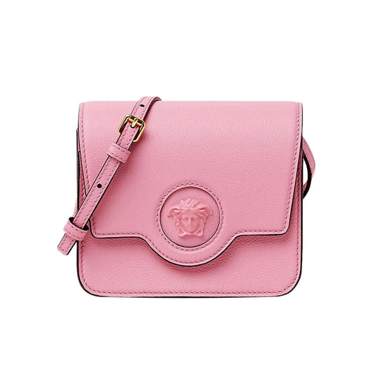 Versace La Medusa Logo Plaque Pink Pebbled Leather Crossbody Bag available at Queen Bee of Beverly Hills