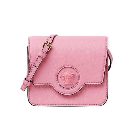 Versace La Medusa Logo Plaque Pink Pebbled Leather Crossbody Bag available at Queen Bee of Beverly Hills
