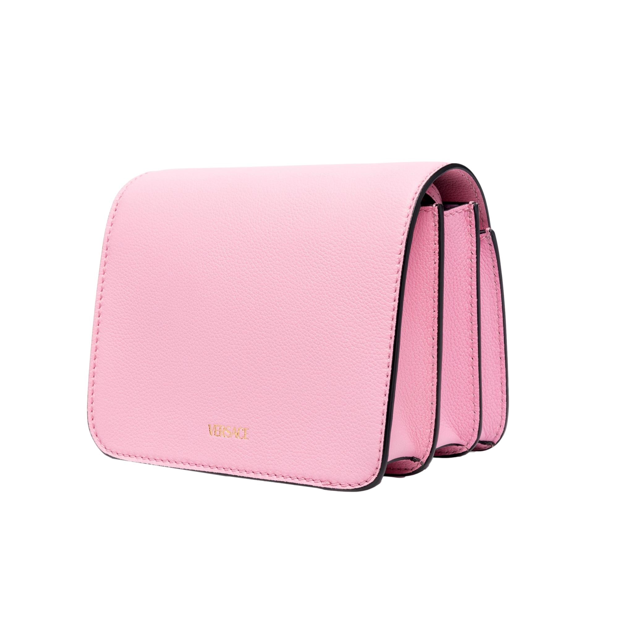 Versace La Medusa Logo Plaque Pink Pebbled Leather Crossbody Bag available at Queen Bee of Beverly Hills