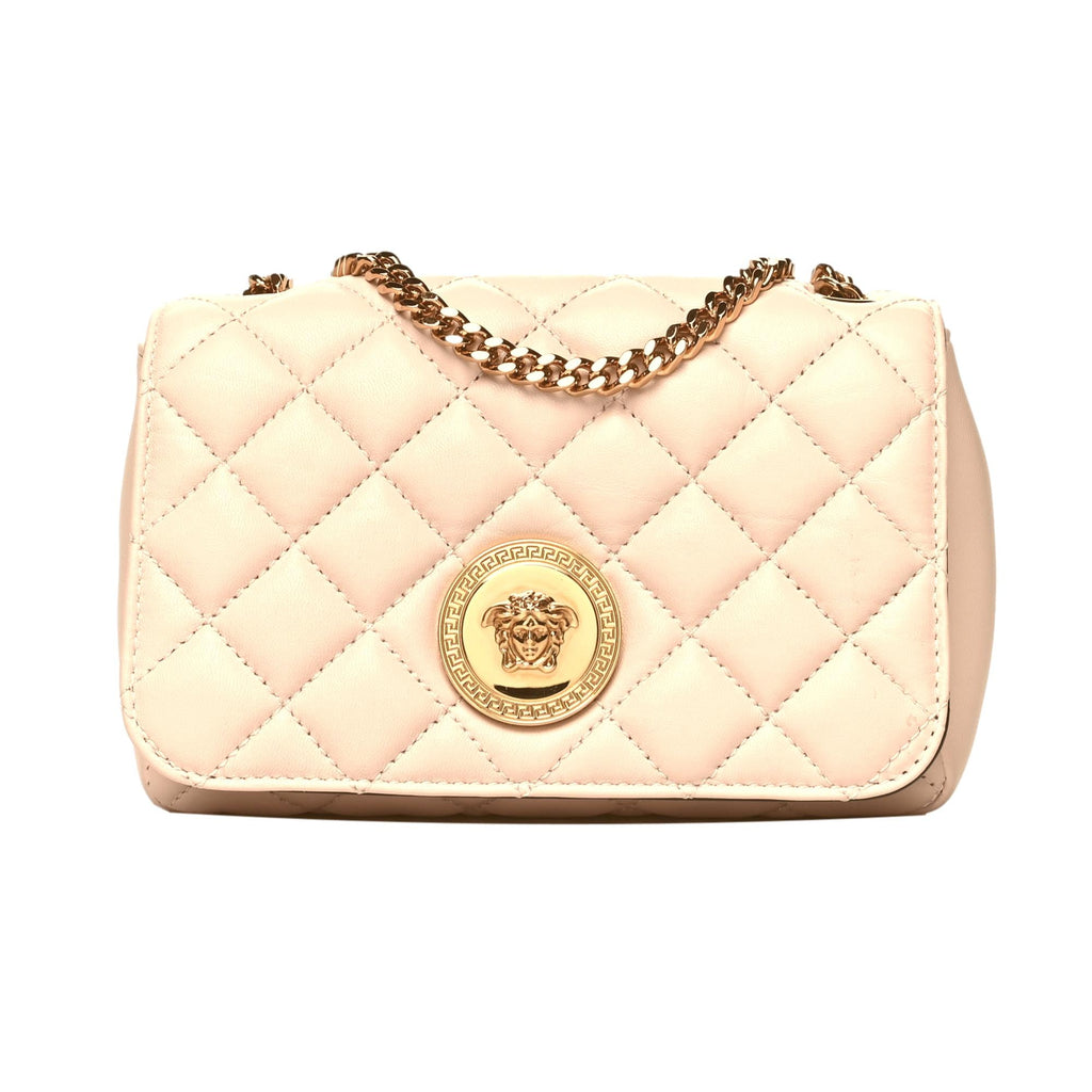 Versace La Medusa Nappa Quilted Beige Leather Chain Crossbody Bag at_Queen_Bee_of_Beverly_Hills