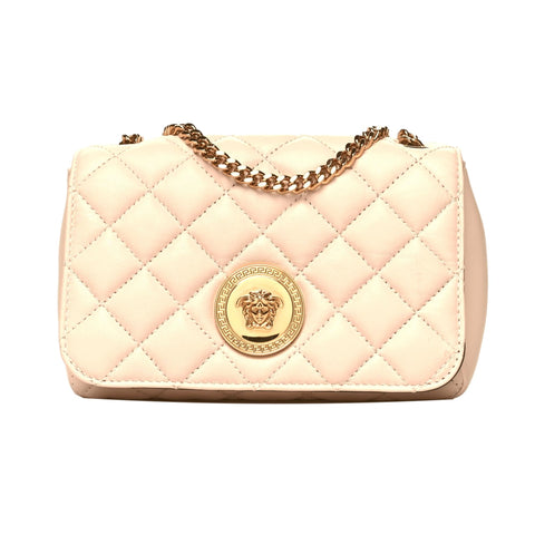 Versace La Medusa Nappa Quilted Beige Leather Chain Crossbody Bag at_Queen_Bee_of_Beverly_Hills