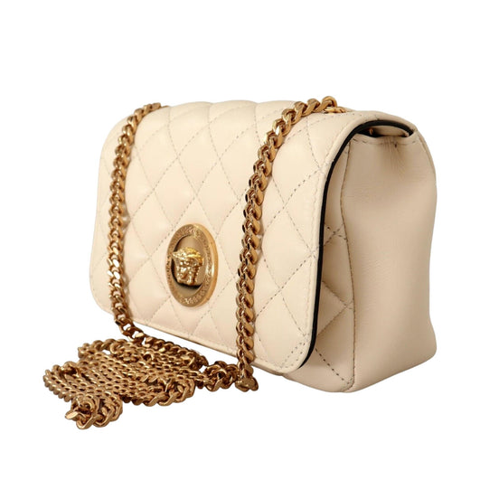Versace La Medusa Nappa Quilted Beige Leather Chain Small Crossbody Bag available at Queen Bee of Beverly Hills