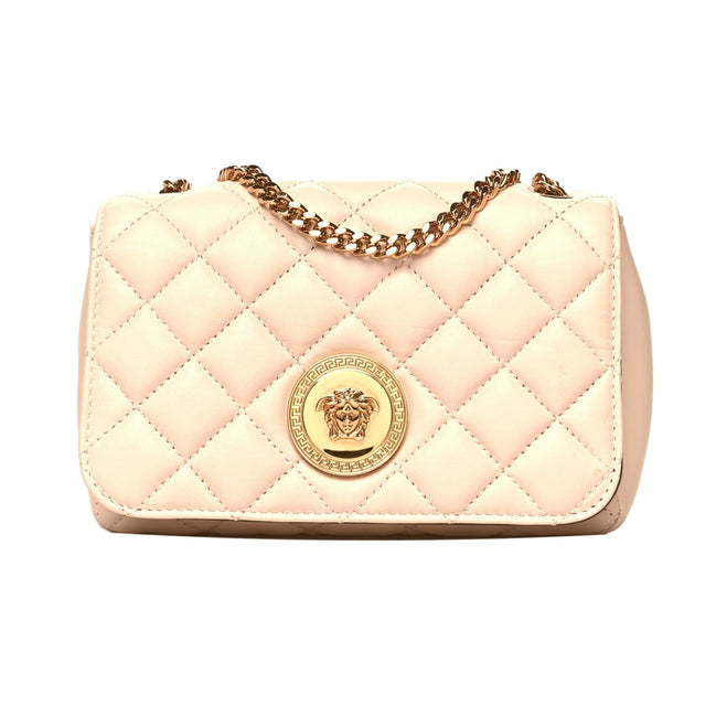 Versace La Medusa Nappa Quilted Beige Leather Chain Small Crossbody Bag available at Queen Bee of Beverly Hills