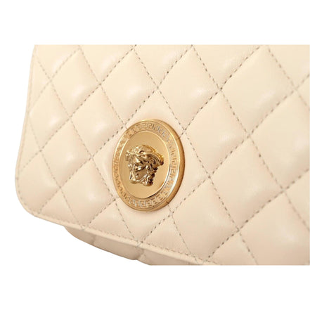 Versace La Medusa Nappa Quilted Beige Leather Chain Small Crossbody Bag available at Queen Bee of Beverly Hills
