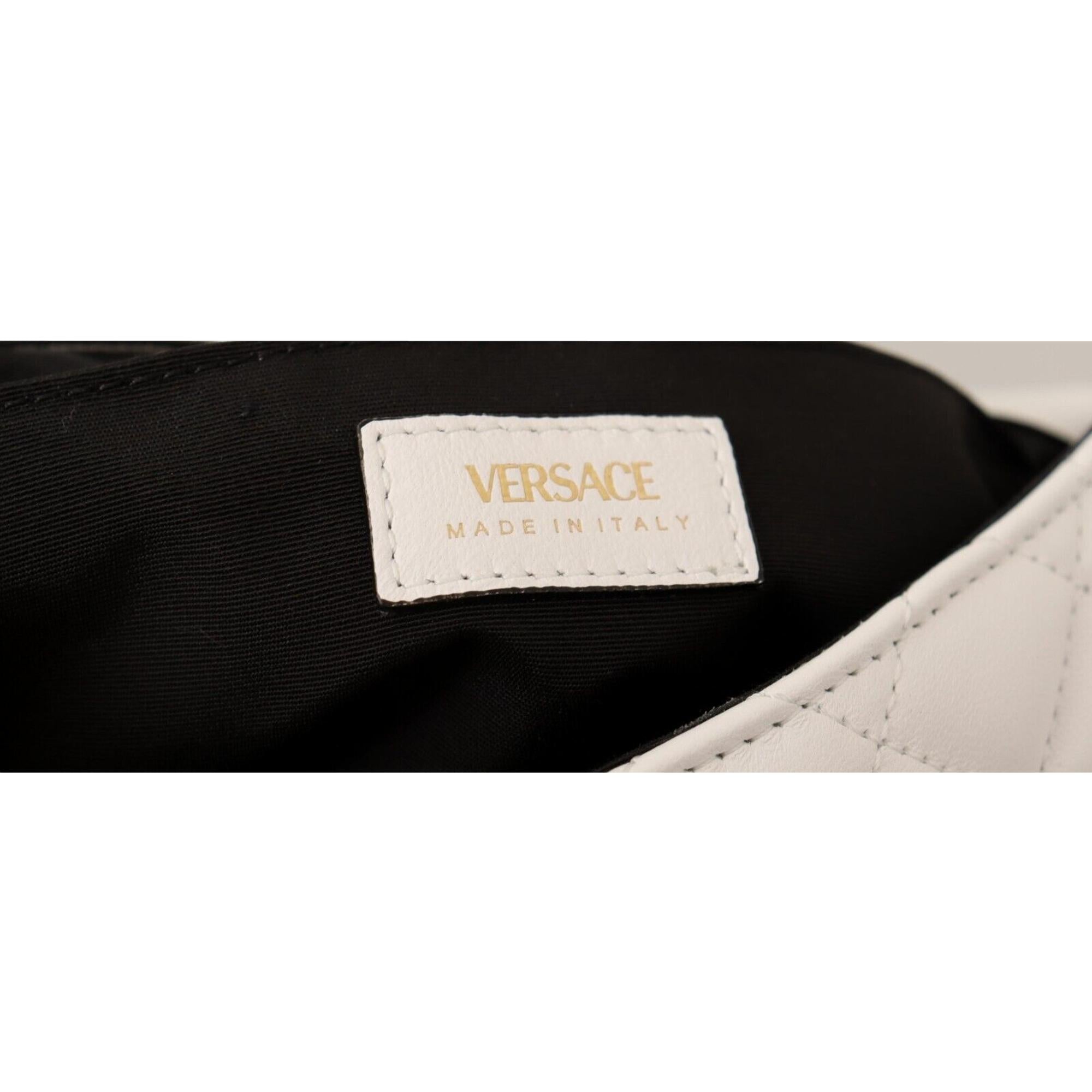 Versace La Medusa Nappa Quilted Beige Leather Chain Small Crossbody Bag available at Queen Bee of Beverly Hills