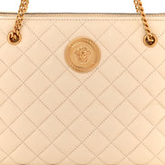 Versace La Medusa Nappa Quilted Beige Leather Large Tote Bag available at Queen Bee of Beverly Hills