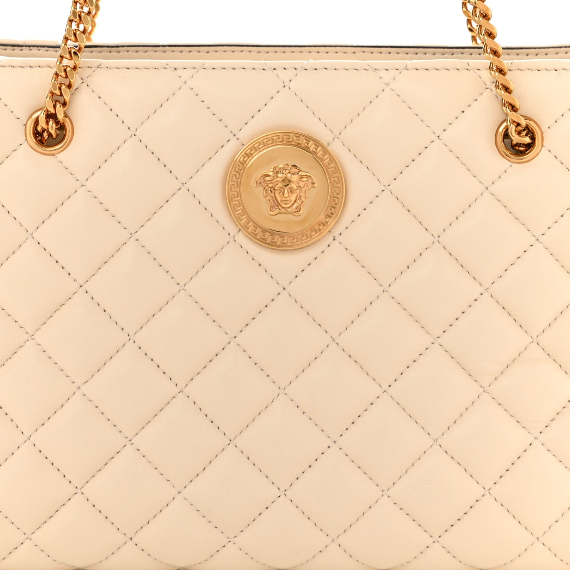Versace La Medusa Nappa Quilted Beige Leather Large Tote Bag available at Queen Bee of Beverly Hills