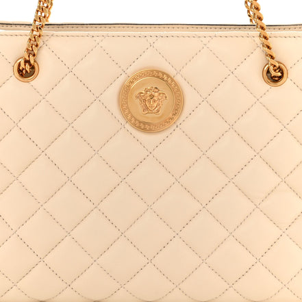 Versace La Medusa Nappa Quilted Beige Leather Large Tote Bag available at Queen Bee of Beverly Hills