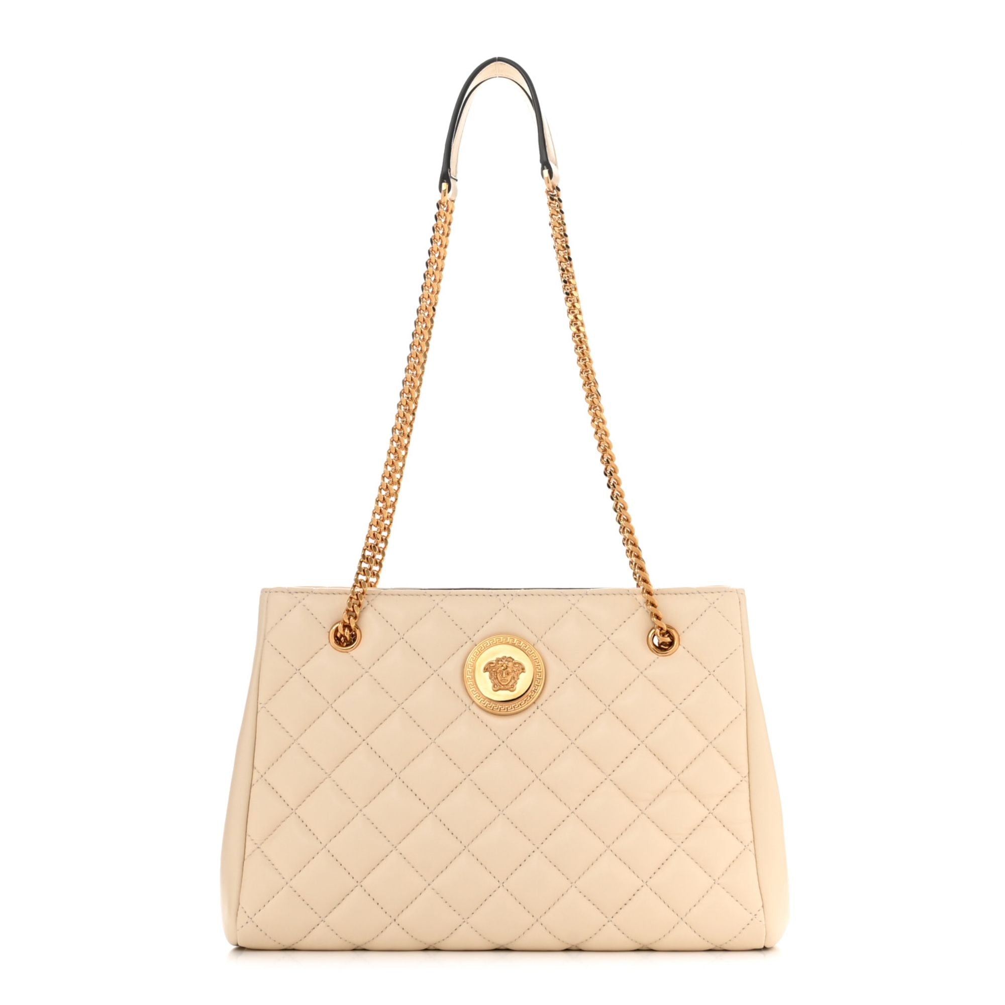 Versace La Medusa Nappa Quilted Beige Leather Large Tote Bag available at Queen Bee of Beverly Hills