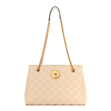 Versace La Medusa Nappa Quilted Beige Leather Large Tote Bag available at Queen Bee of Beverly Hills