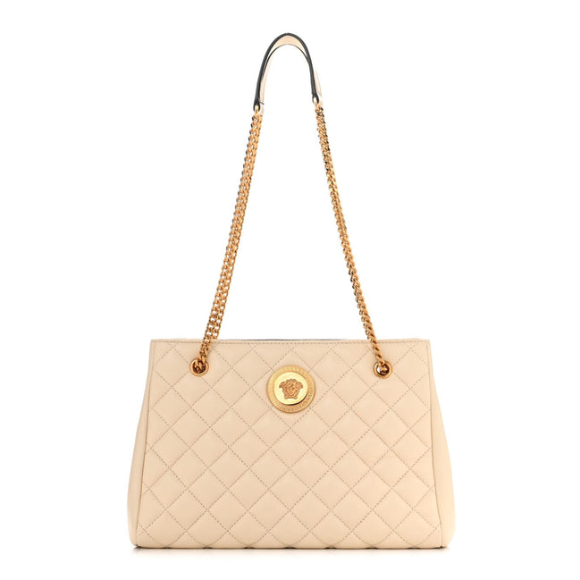 Versace La Medusa Nappa Quilted Beige Leather Large Tote Bag available at Queen Bee of Beverly Hills