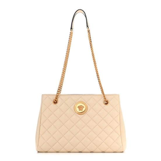 Versace La Medusa Nappa Quilted Beige Leather Large Tote Bag available at Queen Bee of Beverly Hills